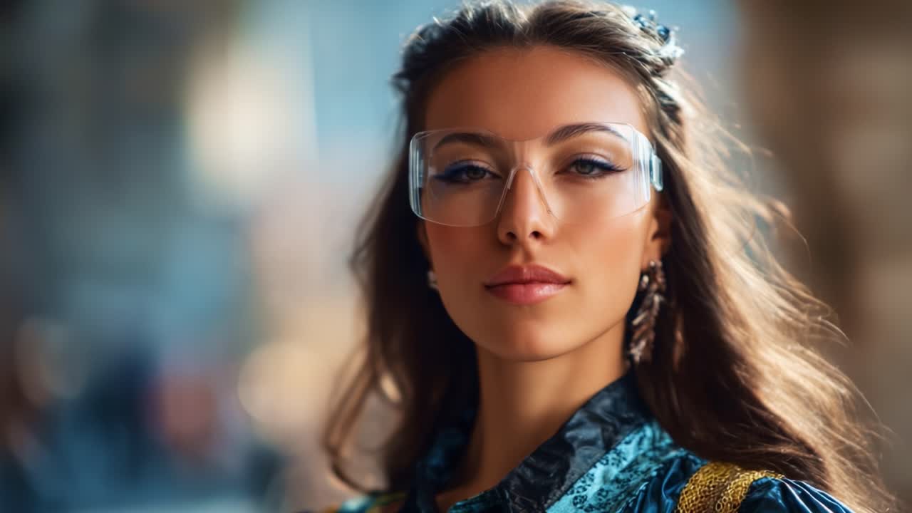 Primo piano accattivante di una giovane donna con occhiali alla moda, che mette in mostra eleganza e sicurezza con un'espressione giocosa ma seria in un contesto urbano