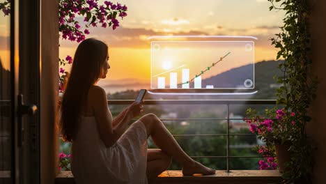 a young woman relaxing on a balcony at sunset, engaging with her smartphone while charting progress in a beautiful floral setting