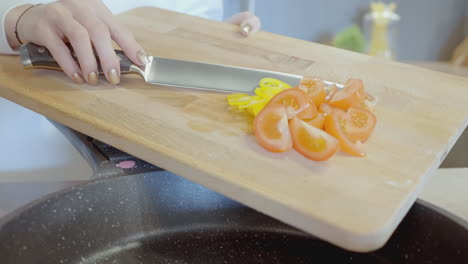 chopping tomatoes and peppers for cooking