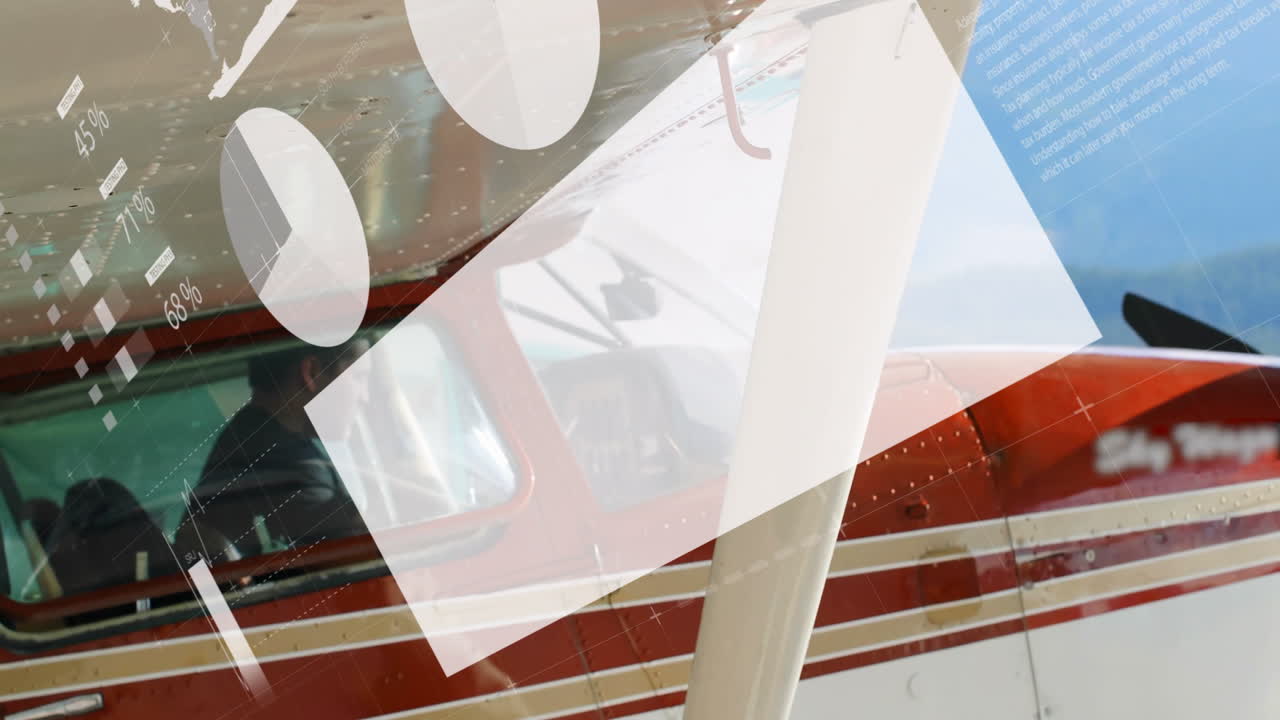 Animation of small aircraft with data overlay showing percentages in sky