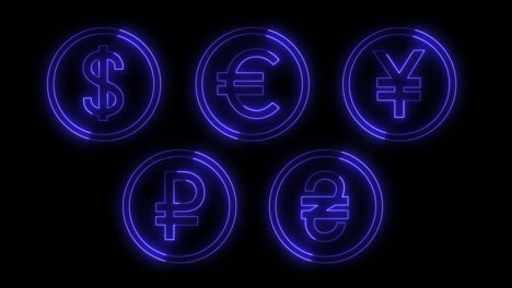 dynamic glow effects of contours of currencies on a black background