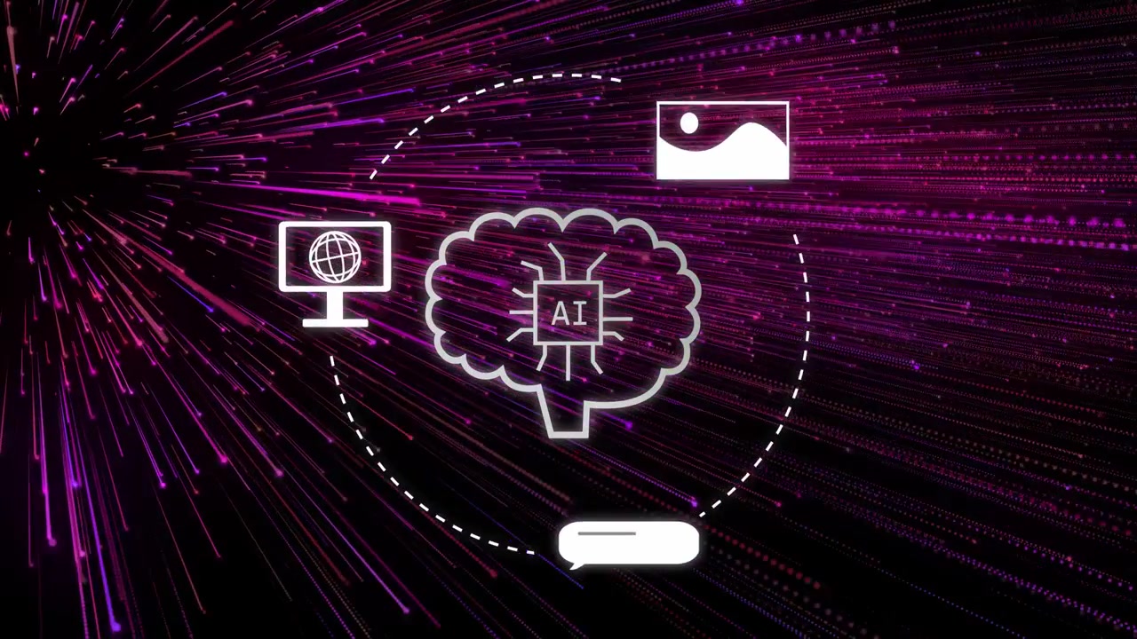 Radial magenta burst sparking brain morphing to AIchip icons orbiting zooming-out showing data flow