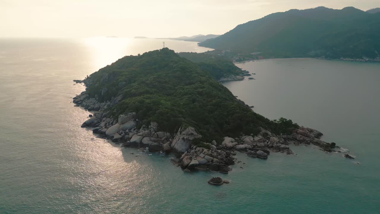 hight angle aerial view Sunset Thailand Island Landscape, in Haad Rin Beach Koh Pha Ngan, golden water reflection