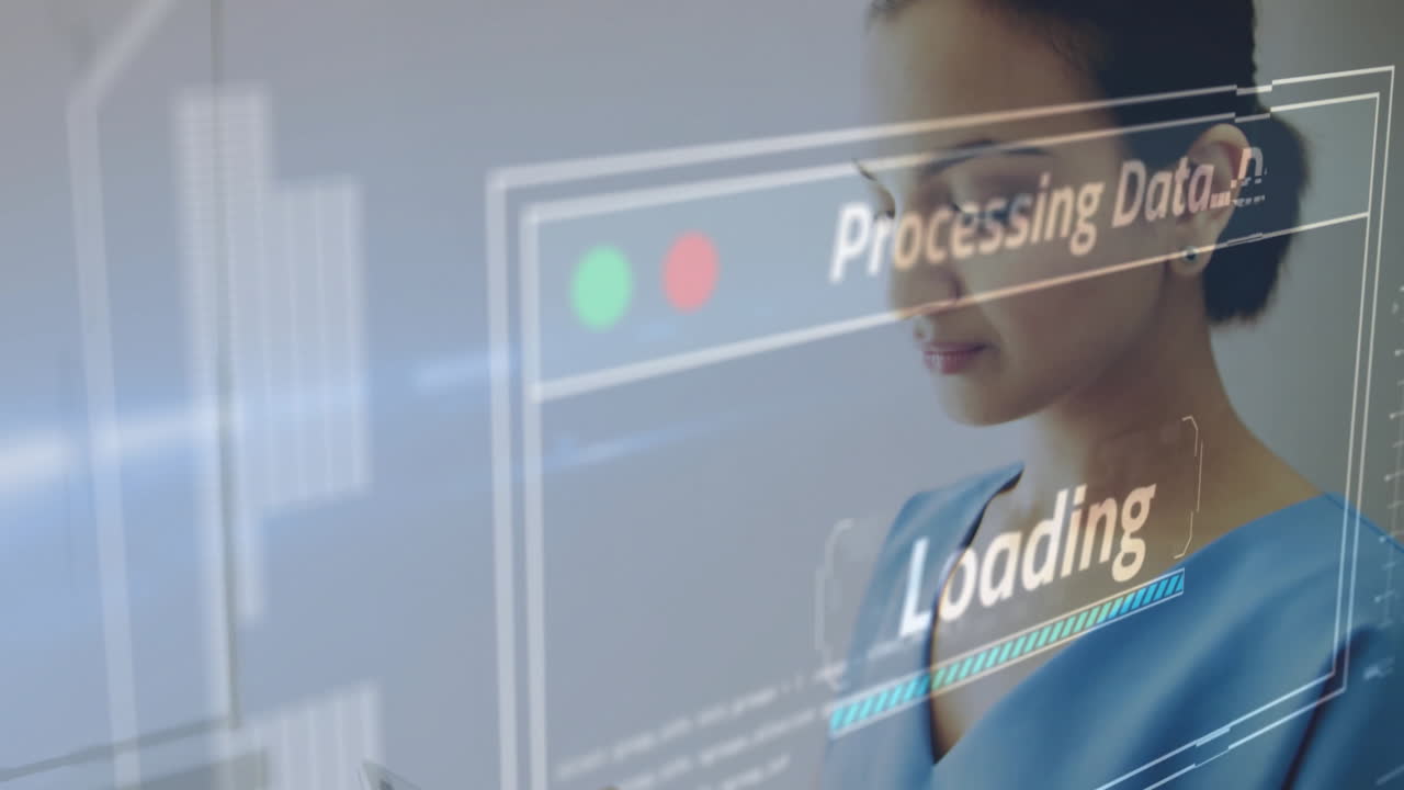 스마트폰을 사용하는 여성에 대한 데이터 처리 및 애니메이션 로딩