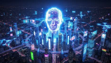 illuminating the future: a glimpse into an advanced ai-driven cityscape with interactive holograms merging technology and urban life at night