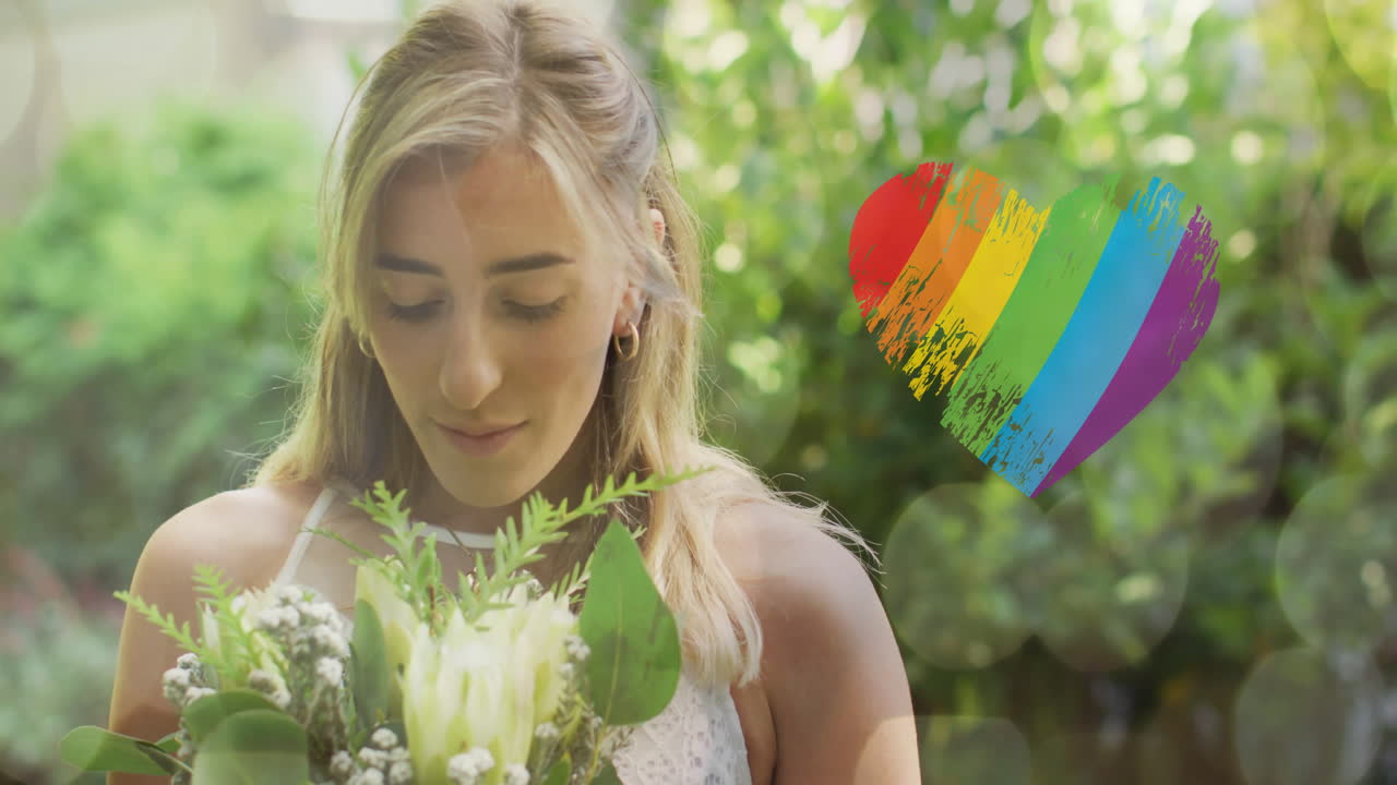 Animation eines Regenbogenherzens über einer kaukasischen Frau, die ein Hochzeitskleid trägt und Blumen hält