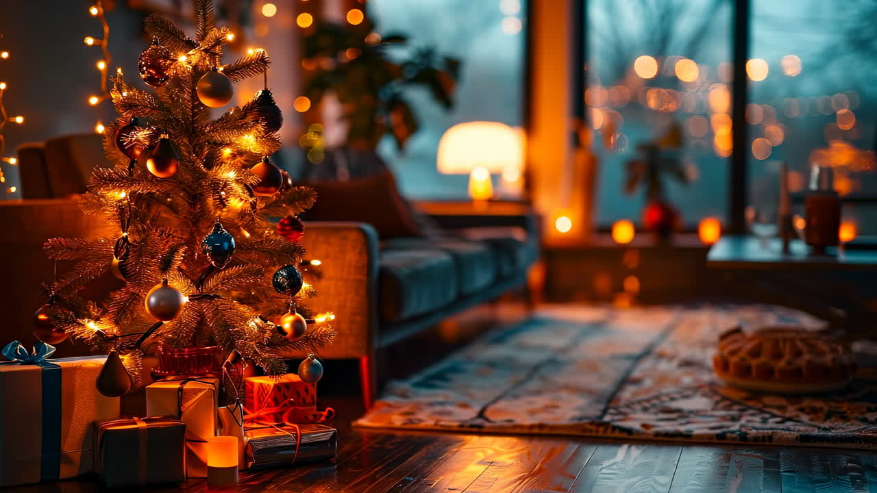 Cozy living room decorated for Christmas. A cozy living room with a lit Christmas tree and candles creates a warm, festive holiday atmosphere