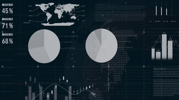 Animation of infographic interface over rotating globe against black background