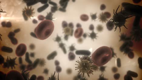 Digitally-generated-virus-cells,-red-blood-cells-and-bacteria-against-brown-background