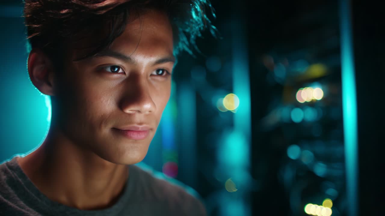 A focused young person gazes intently in a high-tech environment with glowing equipment in the background, embodying curiosity, intelligence, and the spirit of discovery in a modern digital landscape