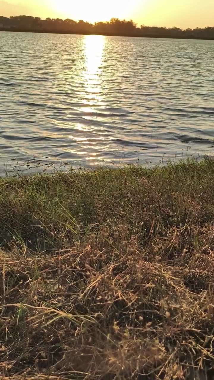 Ein goldener Sonnenuntergang reflektiert auf dem ruhigen Seewasser