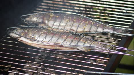 Sabrosos-Pescados-Enteros-Colocados-En-La-Parrilla-De-La-Barbacoa