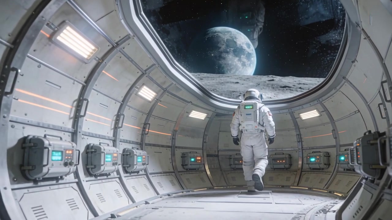 Astronauta in tuta spaziale con zaino che cammina, passando accanto a pannelli lungo un corridoio verso un portello aperto che rivela crateri.