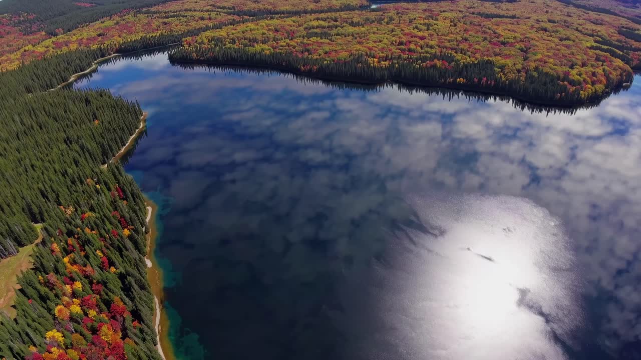 Aerial video captures a serene lake reflecting clouds, surrounded by vibrant autumn forests