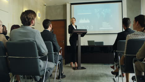 cámara alejándose de una mujer de negocios caucásica hablando en un podio en una sala de conferencias y mostrando algunos gráficos y gráficos en la pantalla grande