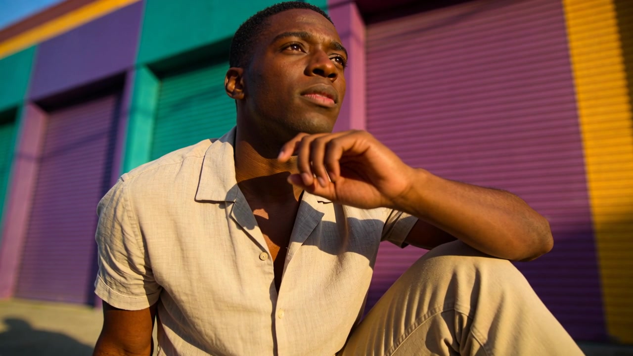 Shifting sunlight moving man in beige shirt adjusting gaze hand to chin on concrete step shutters