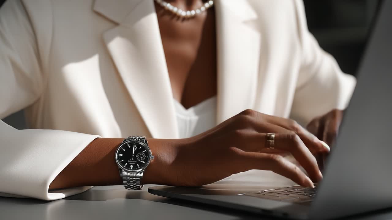 Elegantly Dressed Professional Woman Typing on Laptop with Stylish Watch, Highlighting Fashion and Productivity in a Modern Work Environment