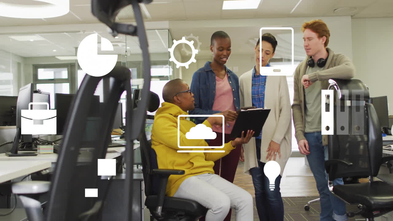 Animation of icons and financial data processing over diverse business people in office