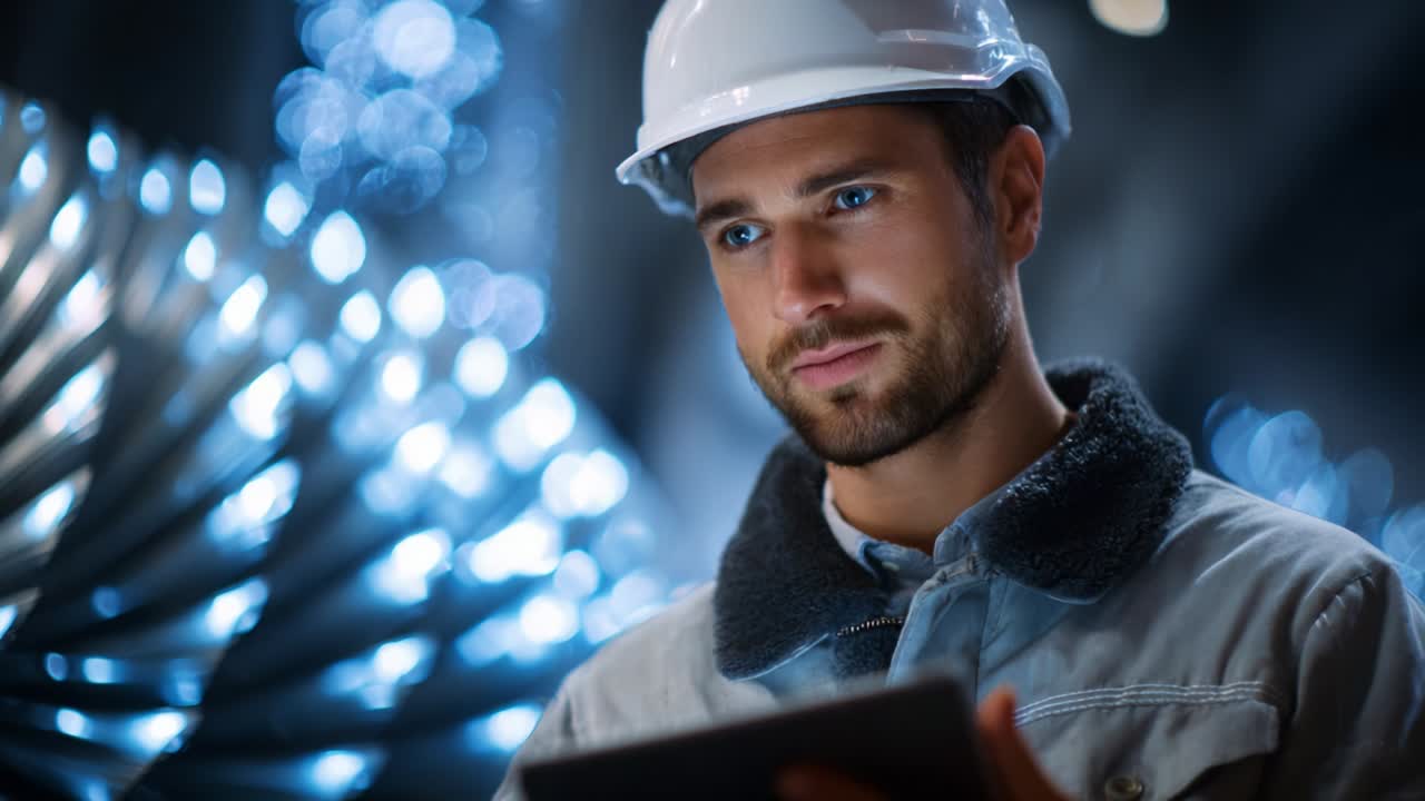 Konzentrierte/r Profi mit Schutzhelm, der Daten auf einem Tablet in industrieller Umgebung analysiert, mit kreativen Lichteffekten, die die Bedeutung von Innovation in der Arbeitsplatztechnologie und Sicherheitsvorkehrungen hervorheben