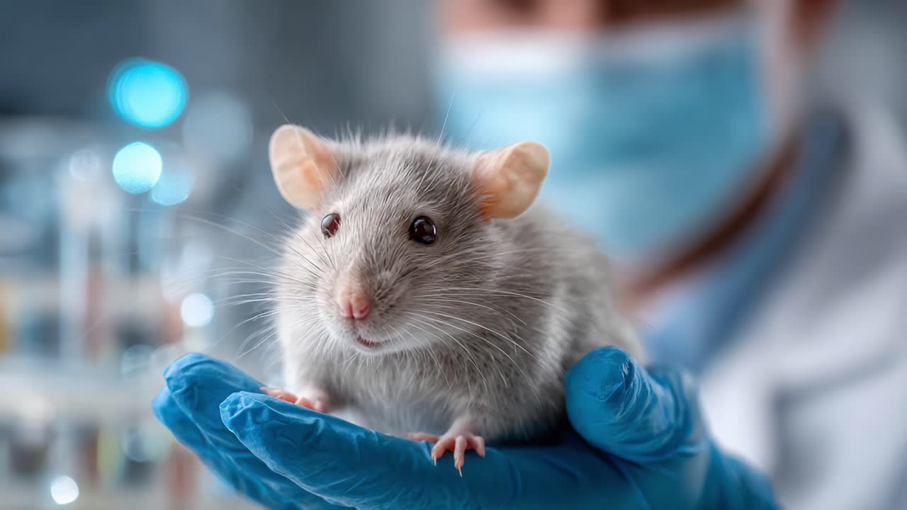 A close-up view of a laboratory rat held by a researcher in blue gloves, showcasing the important role of animal models in scientific research and experimentation