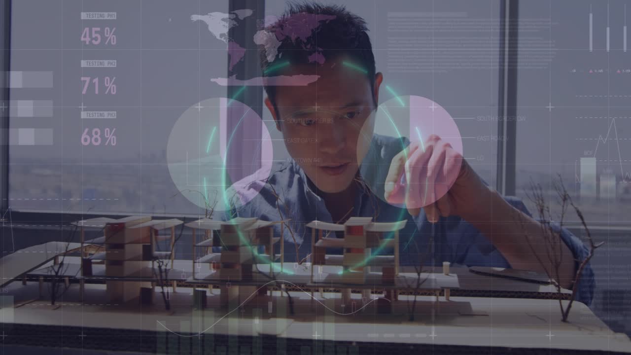 Animation of statistical data processing over asian engineer working on his model at office