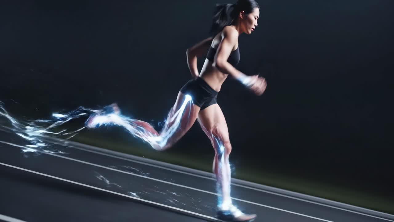 Woman Running on Track with Energy Effects