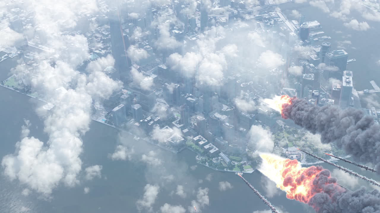 City under attack with missiles and explosions