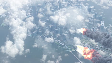city under attack with missiles and explosions