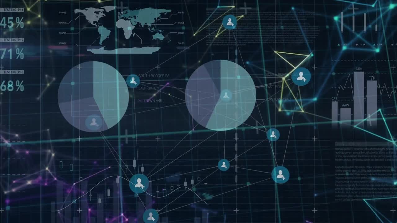 Animation of network of connections with icons over financial data processing on black background
