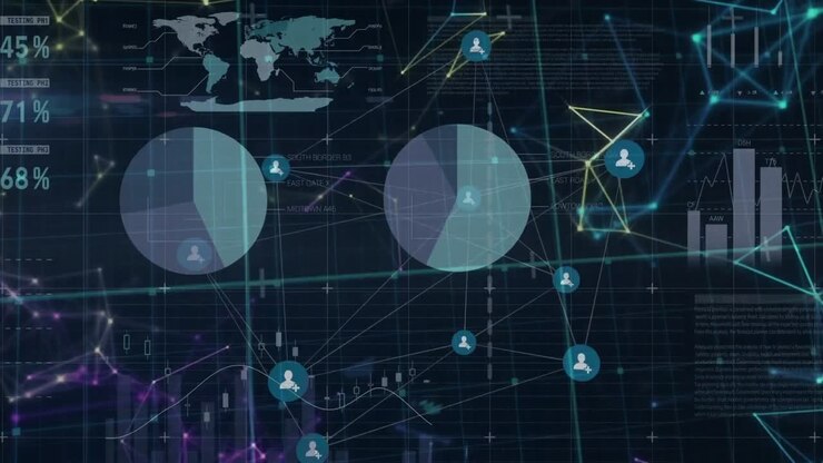 Animation of network of connections with icons over financial data processing on black background