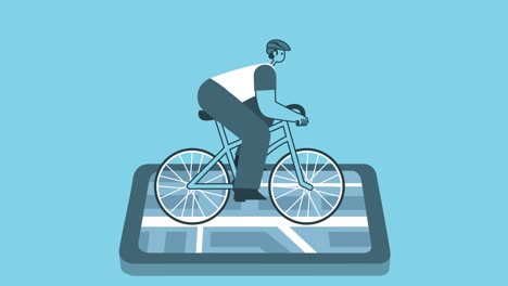 bicycle riding on smartphone map with gps. graphic flat design bold man cartoon character isolated loop 2d animation