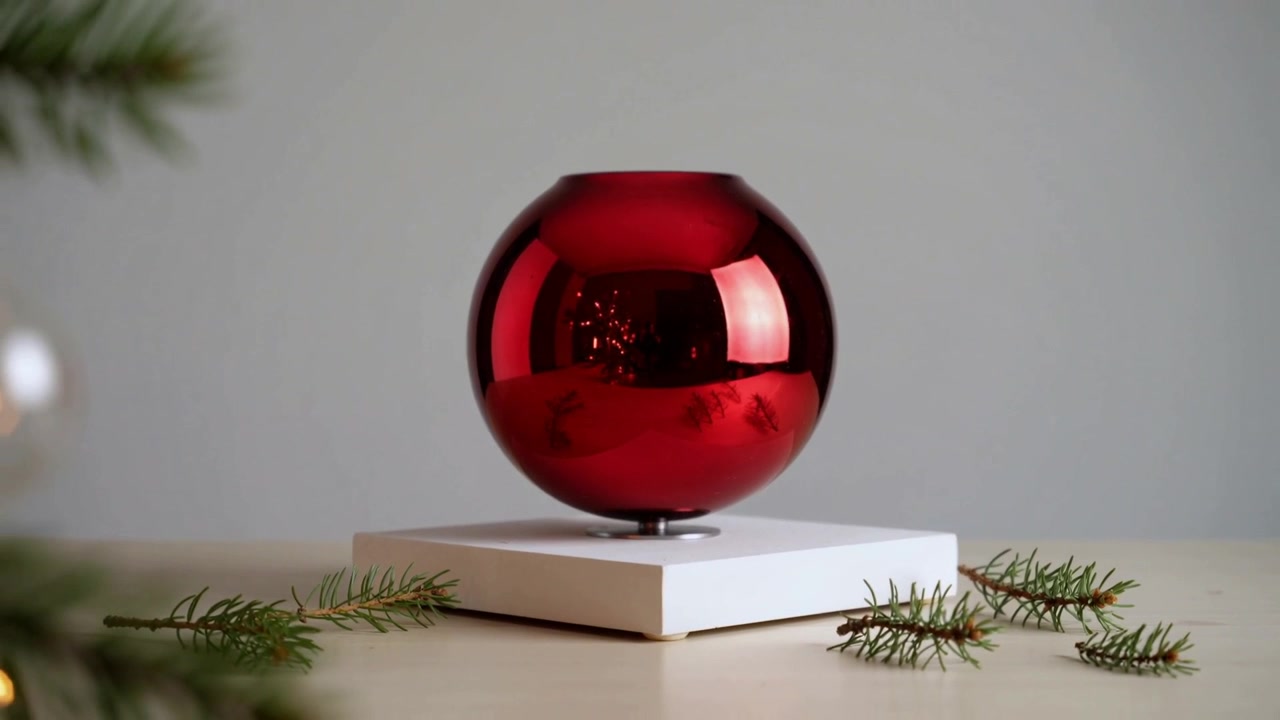 En grangren bevæger sig til venstre og forårsager glimt på et rødt ornament på en piedestal på et bord, lys skinner.