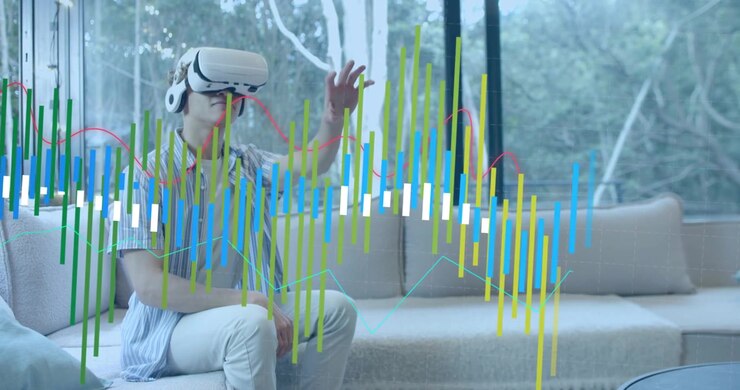 technology user wearing VR headset surveying scene as data overlays appearing, grabbing overlays