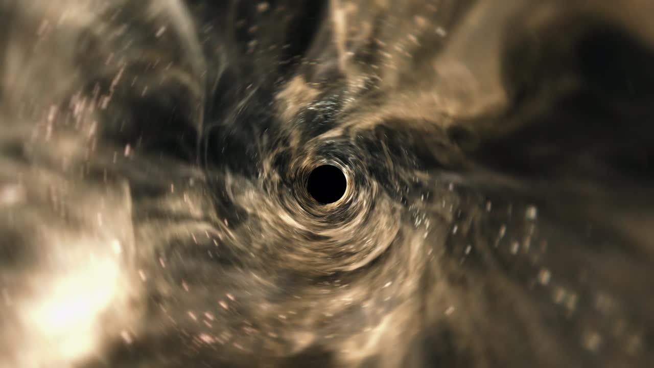 bucle abstracto nube de brillo oscuro hiperespacio túnel de energía de deformación a través del espacio-tiempo con luz de llamarada óptica central. fondo de bucle de vórtice. 4k 3d renderización de viajes interestelares de ciencia ficción a través de agujeros de gusano en el ciberespacio