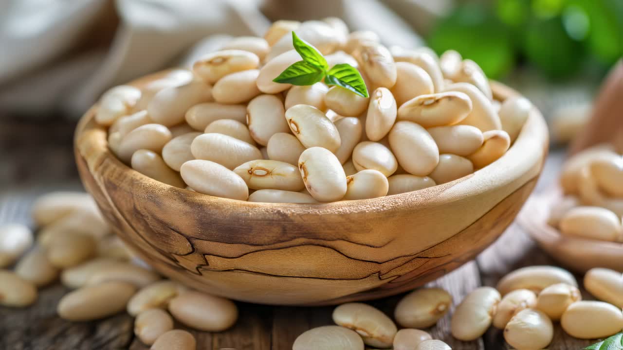 Wooden Bowl Filled with White Beans