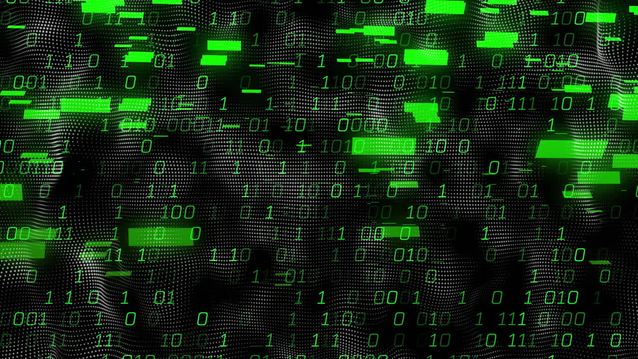 Green binary digits streaming over wavy black dotted grid in virtual flat design digital space