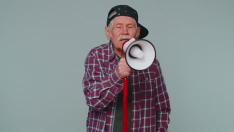 smiling mustachioed man talking with megaphone proclaiming news loudly announcing sale advertisement