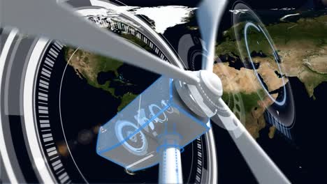 wind turbine with proppelers turning while there is map on background