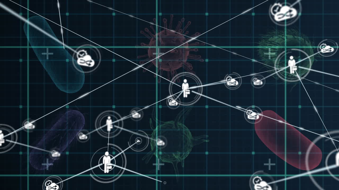 코로나19 세포와 혈관에 대한 프로필 아이콘의 네트워크가 파란색 배경에서 회전합니다.