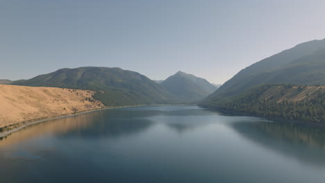 landscape aerial over wallowa lake oregon with summer haze from wildfires