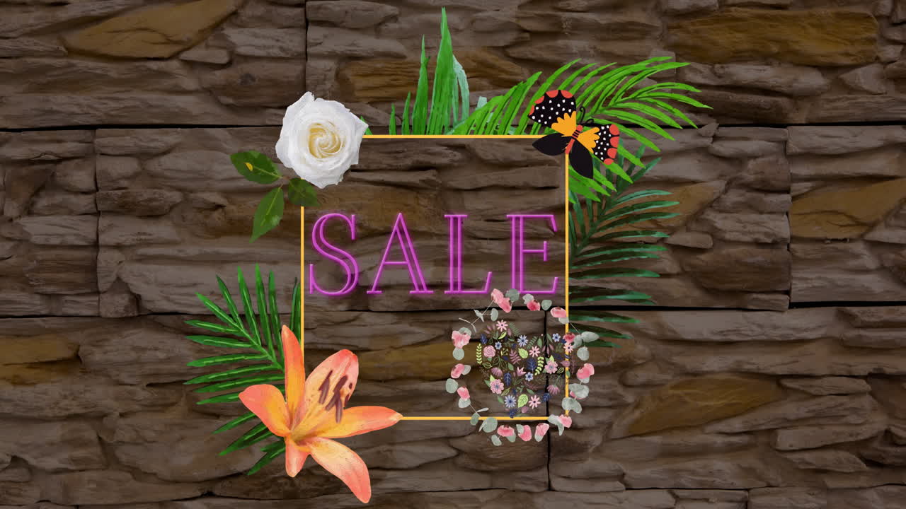 animación de texto de venta en letras de neón en el marco sobre flores que se mueven en movimiento hipnótico