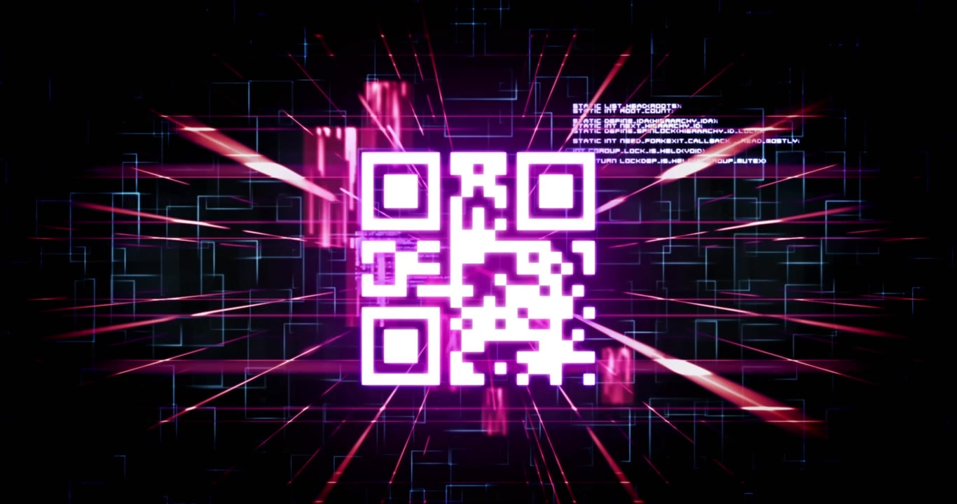 Animation of qr code in rhombus pattern and programming language over abstract background