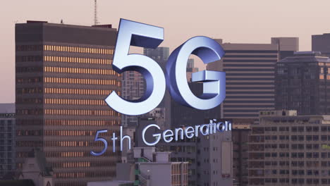 animation of 5g 5th generation text over cityscape