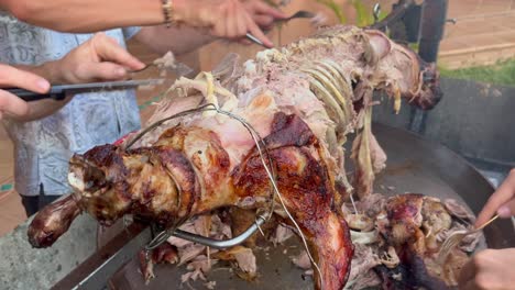 Wild-men-hands-cutting-a-whole-lamb-with-forks-like-savages-on-a-spit-metal-stick-with-golden-crispy-skin,-lamb-bbq-grill-time-during-summer,-4K-shot