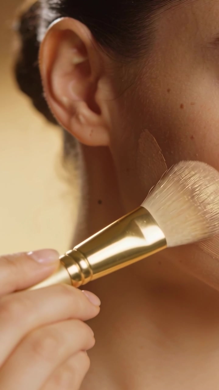 Vertical video: Blending right cheek by hand with gold brush to even stripe at vanity, copy space
