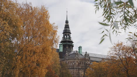 stockholm sweden europe view of traditional church gothic building with autumn forest frame