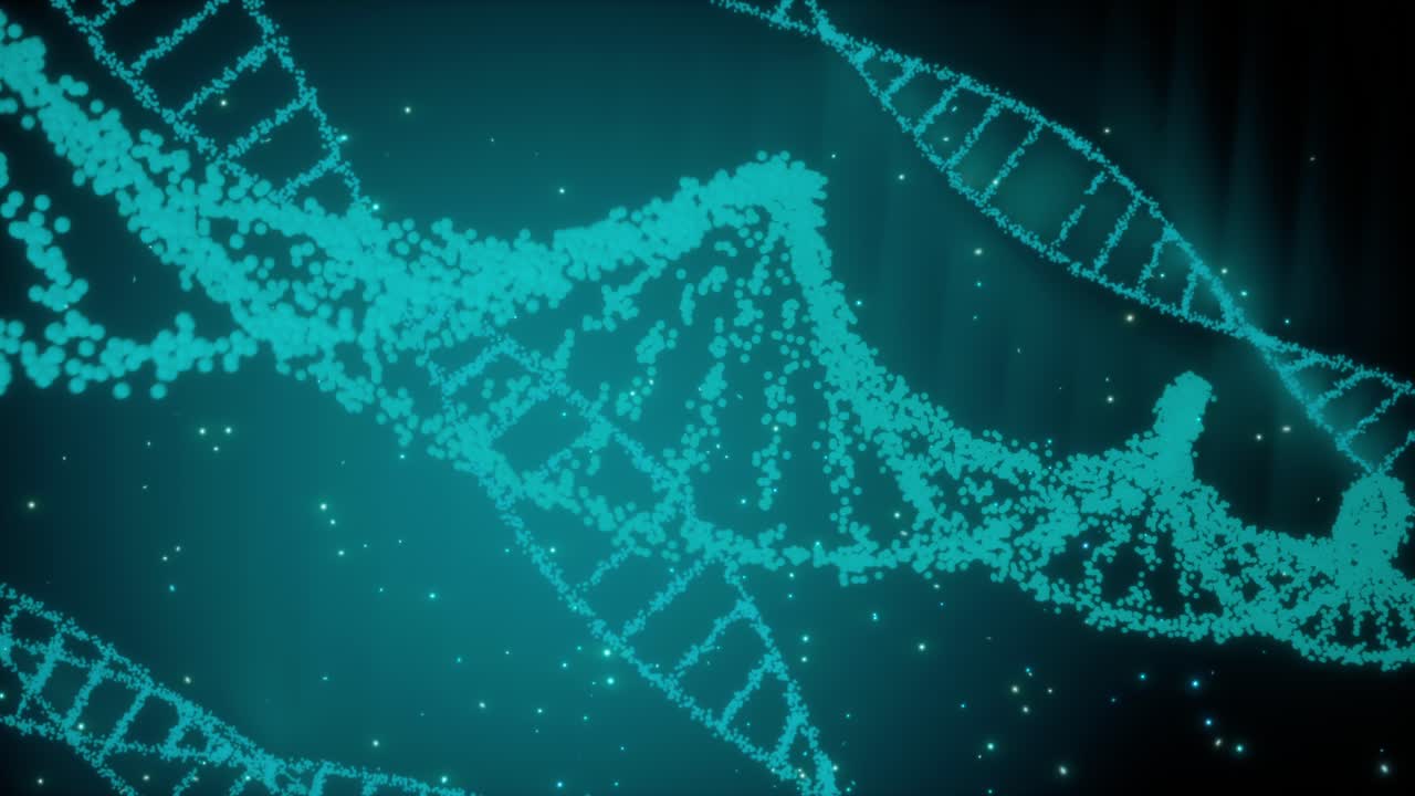 Animazione 3D renderizzata di molecola di DNA rotante e luminosa su sfondo blu. Concetto di genetica.