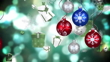 Animation-of-christmas-tree-balls-over-christmas-symbols-on-green-background