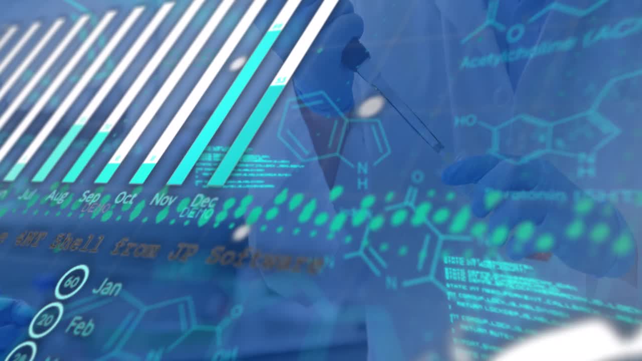 animación de globo digital, múltiples gráficos, datos de programación, estructura molecular sobre el científico