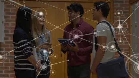 Animation-of-glowing-network-of-connections-over-students-talking-in-school-corridor